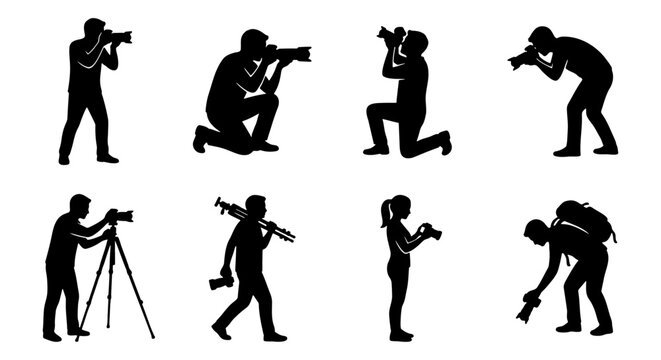 Photographer silhouette set with 8 vector elements, professional cameraman and paparazzi figures, photography hobbyist and journalist icons