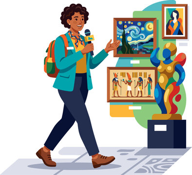 Museum docent explaining historical artworks and sculptures to visitors