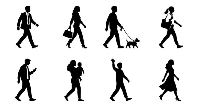 Walking people silhouettes set, 8 diverse pedestrian figures in black and white, urban crowd walking to work, flat vector icons for city life