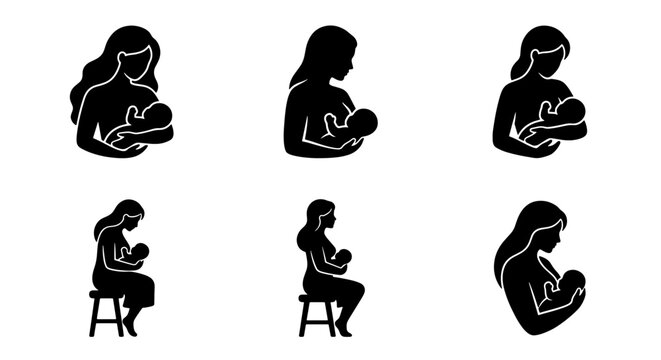 Breastfeeding mother icons set, 6 black silhouette vector elements of woman nursing baby, maternal healthcare and infant feeding symbols