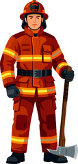 Fototapeta premium Rescue worker in orange fire suit standing with heavy duty axe