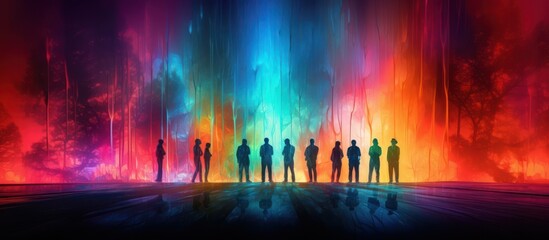 Fototapeta premium Standing together at the edge of a brilliant and infinite neon horizon.