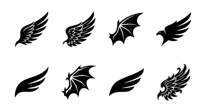 Black wing silhouettes set, 8 eagle and bat wing vector elements, heraldic bird and dragon wing icons for logo design and tattoo art