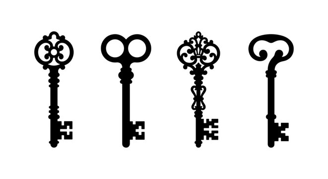 Vintage skeleton key silhouettes, ornate antique metal keys collection, set of 4 decorative Victorian style key vectors for logo design and branding