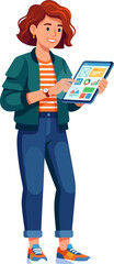 Obraz premium Smiling business woman analyzing data charts and graphs on a portable digital tablet