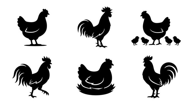 Black chicken silhouette set, rooster and hen vector icons, farm bird collection with chicks and nesting hen, poultry livestock graphics