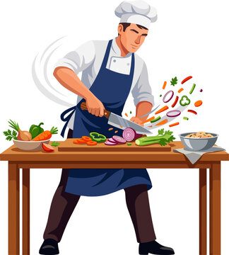 Skilled chef slicing vegetables with rapid motion on a cutting board