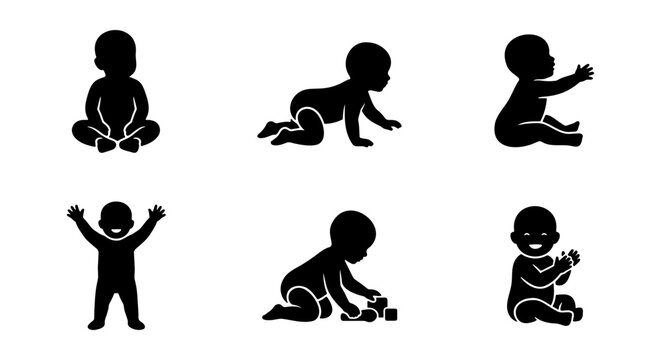 Baby silhouette icons set, infant developmental milestones vector collection, newborn baby crawling and sitting poses, 6 black toddler figures