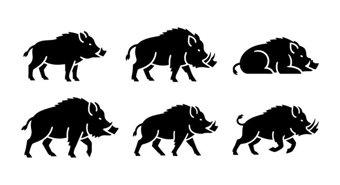 Wild boar silhouette collection, 6 black swine icons in various poses, forest hog vector set, minimalist animal graphics for hunting and nature branding