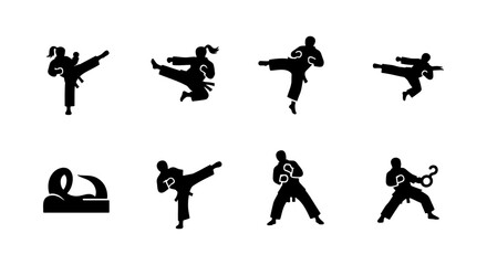 Martial arts silhouette icons set, karate and taekwondo fighter poses, 8 black vector elements of athletes kicking and punching © Aminul