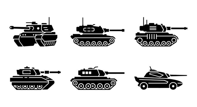 Military tank silhouette icons set, collection of 6 armored vehicle vectors, black heavy artillery and combat war machine graphics for gaming and history
