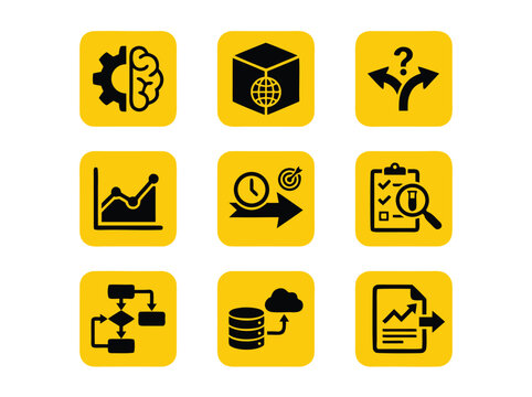 Set of modern business and technology icons on yellow squares.