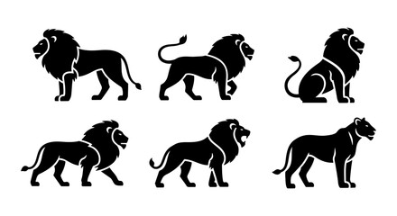 Majestic lion silhouettes set, 6 black wild cat vector icons, standing and walking african lion king profile graphics for logo design and branding © Shorna