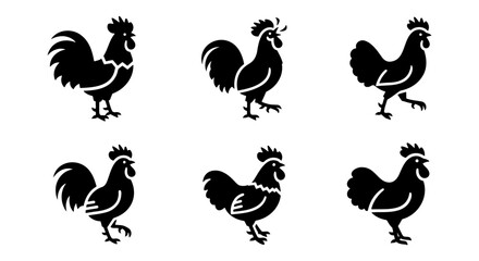 Rooster silhouette icons set, black farm bird vector illustrations, 6 rooster poses for organic food branding and rustic farm logos © Shorna