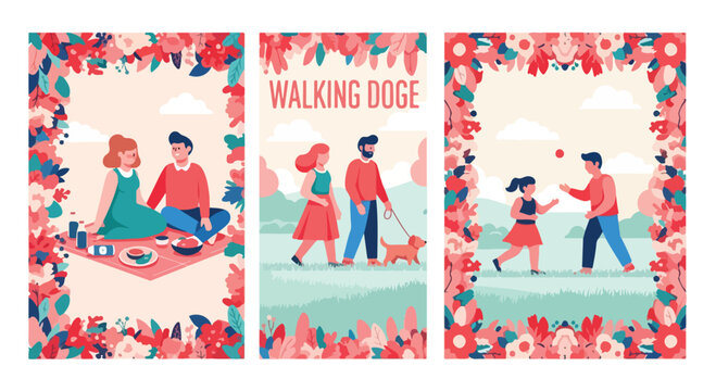 Flat vector illustration of people enjoying outdoor activities, walking doge and family picnic banners, summer park leisure scenes with floral frames