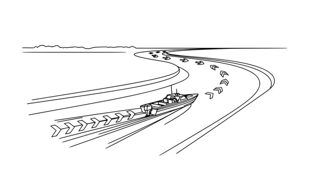 Black and white river launch boat navigating curved water path vector illustration with movement concept