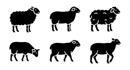 Black sheep silhouette icons set, farm animal vector collection with 6 elements, woolly ram and ewe livestock graphics for agriculture branding © Shorna