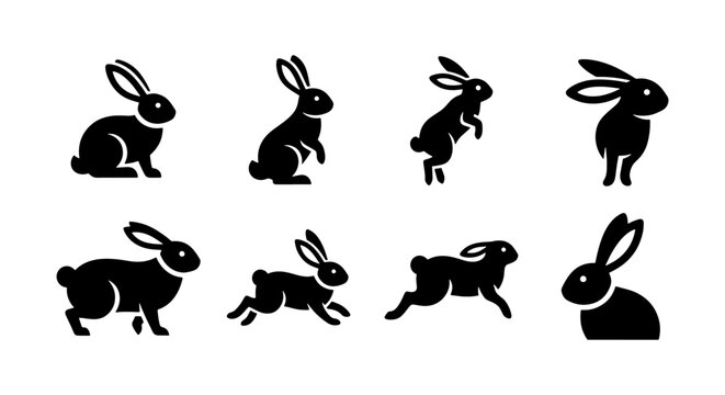 Minimalist rabbit silhouette collection, 8 black bunny icons in various poses, running and jumping hare vector set for nature and easter design