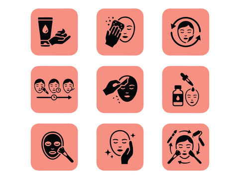 Set of Nine Beauty and Skincare Routine Icons.