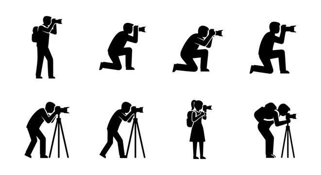 Photographer silhouette icon set, professional cameraman and paparazzi figures, 8 vector elements of people taking photos with cameras and tripods