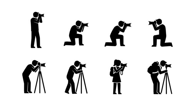 Photographer silhouette icon set, professional cameraman and paparazzi stick figures, 8 vector elements of people taking photos with cameras and tripods
