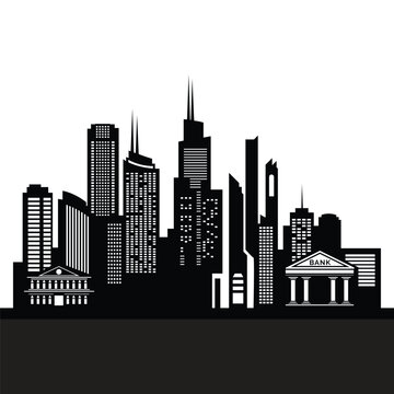 Black silhouette of a city skyline with skyscrapers and buildings
