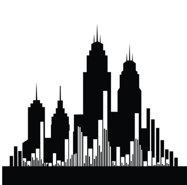 Black silhouette of a city skyline with tall buildings