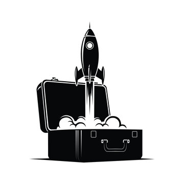 Black and white illustration of a rocket launching out of an open briefcase