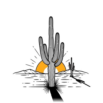 Saguaro Cactus Desert Sunset - Iconic Western Landscape Line Art