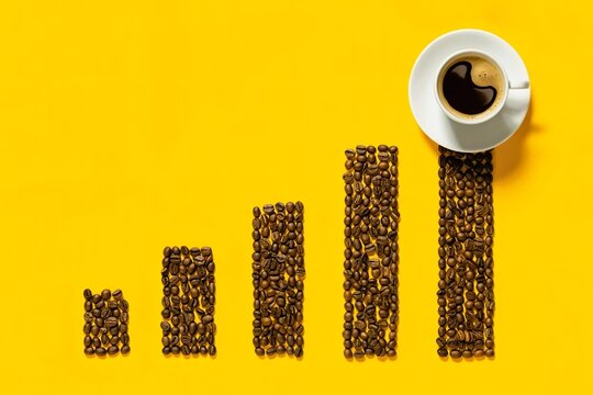 Coffee beans arranged as rising bar chart with espresso cup. Creativity and productivity