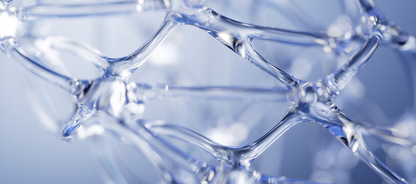 Intricate liquid glass cellular pattern, resembling organic structures, cosmetic product or medical concept background, 3d rendering