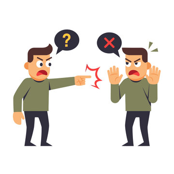 Angry men arguing, pointing finger, disagreement, question mark, cross mark, conflict, accusation, misunderstanding