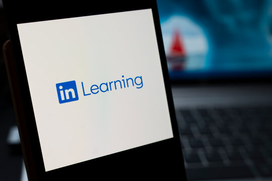 Warsaw, Poland - April 10, 2026: Close-up of a smartphone displaying the LinkedIn Learning logo. This image highlights digital education and professional development opportunities.
