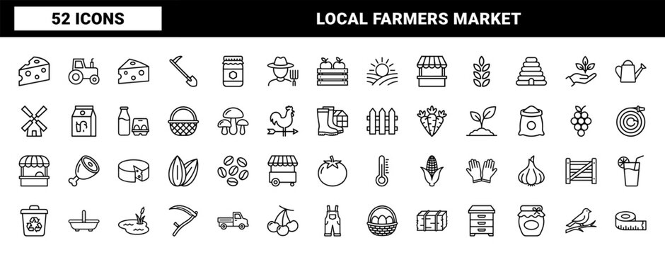 Organic agriculture and farmers market outline icons