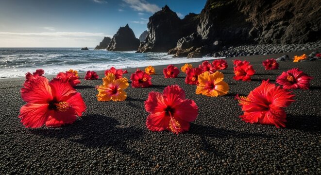 Vibrant crimson and orange hibiscus flowers scattered across a dark sand beach with rocky coastline and ocean in background
