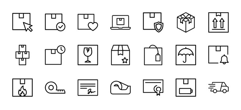 Logistics and shipping line icons for delivery tracking and e-commerce packaging