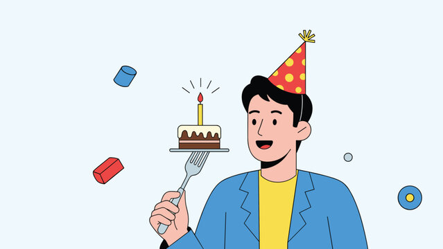 Cheerful man wearing a red polka dot party hat holds a fork with a small chocolate birthday cake and a single lit candle on top.