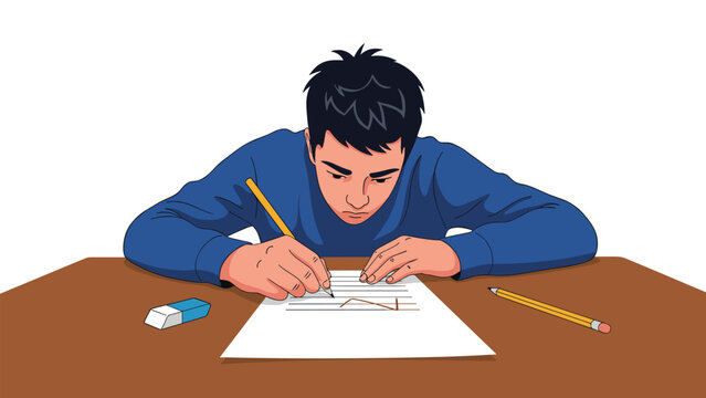 Focused young student leaning over a wooden desk while concentrating intensely on drawing or writing on a white sheet of paper.
