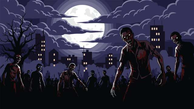 Terrifying group of zombies walking through a dark city street at night under a giant glowing full moon and cloudy purple sky.
