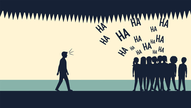 Silhouette of a person walking away while a group of people point and laugh with multiple HA text symbols floating in the air.