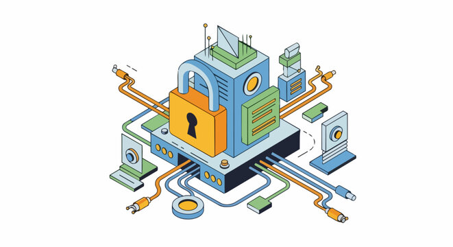 Cybersecurity and Data Privacy Isometric Illustration Featuring Secure Server with Padlock, Network Cables, and Information Security Infrastructure