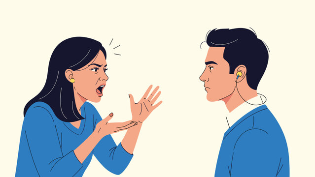 Angry woman shouts and gestures at a calm man wearing earphones who seems to ignore her during a heated argument scenario.