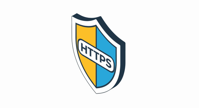HTTPS Secure Protocol Shield Icon - Isometric Cybersecurity and Data Protection Concept Vector Illustration on White Background