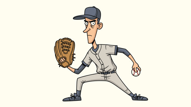 Intense cartoon baseball pitcher focuses with a determined expression while preparing to throw a ball from the mound.