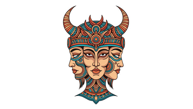 Tribal mask illustration featuring three female faces merged into one headpiece with large horns and intricate geometric patterns.