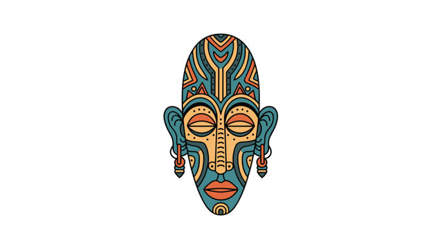 Stylized tribal mask with vibrant colors featuring symmetrical geometric patterns and decorative earrings on a white background.