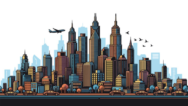 Vibrant urban cityscape featuring a dense cluster of colorful skyscrapers, a highway with cars, and an airplane flying through the sky.