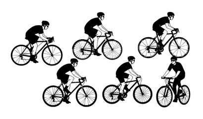 Obraz premium Cyclists riding city and road bikes dynamic active lifestyle vector illustration isolated on white background