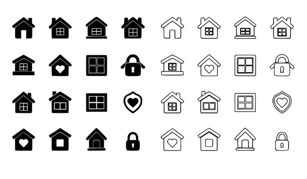 Minimal house and home icon set real estate building symbols solid and outline vector isolated on white background