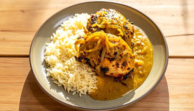 Senegalese Yassa Poulet Chicken in Onion-Lemon Sauce. Traditional African Food
